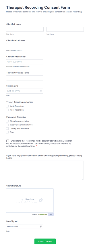Therapist Recording Consent Form Template