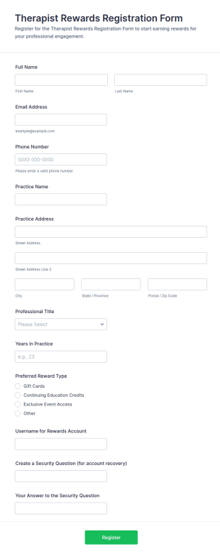 Therapist Rewards Registration Form Template