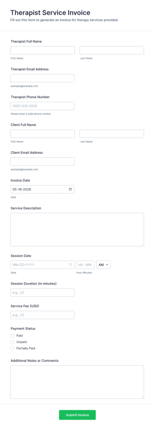 Therapist Service Invoice Form Template