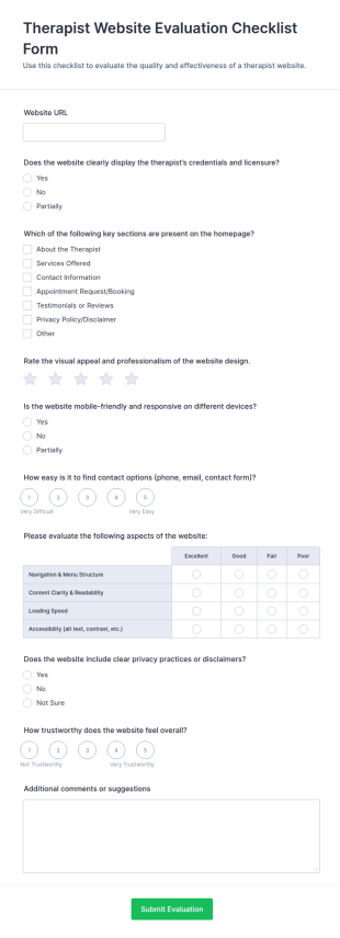 Therapist Website Evaluation Checklist Form Template