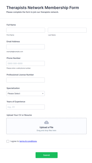 Therapists Network Membership Form Template