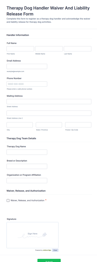 Therapy Dog Handler Waiver And Liability Release Form Template