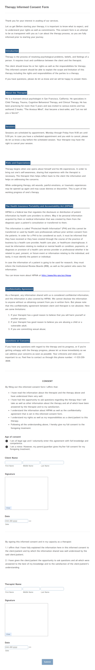 Therapy Informed Consent Form Template