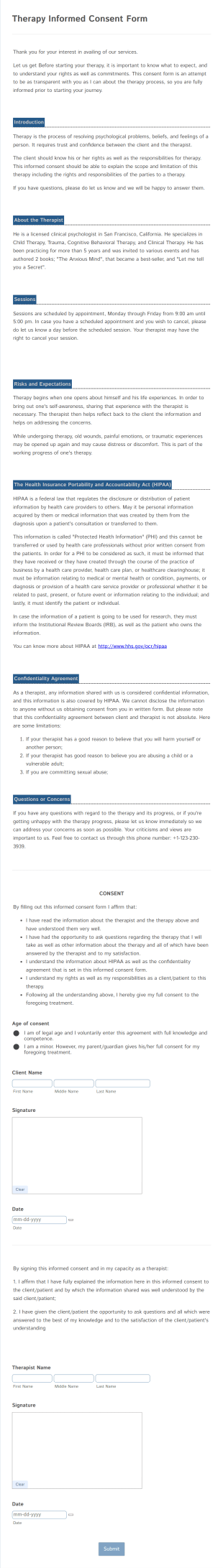 Therapy Informed Consent Form Template