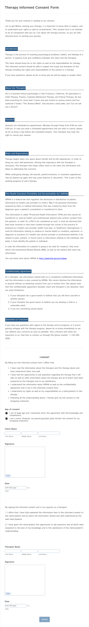 Therapy Informed Consent Form Template