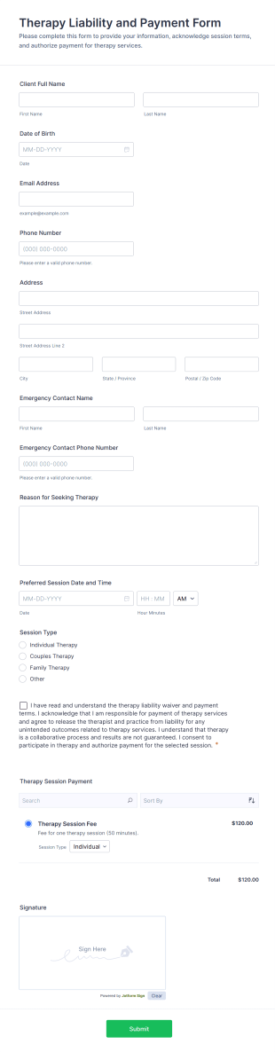Therapy Liability And Payment Form Template