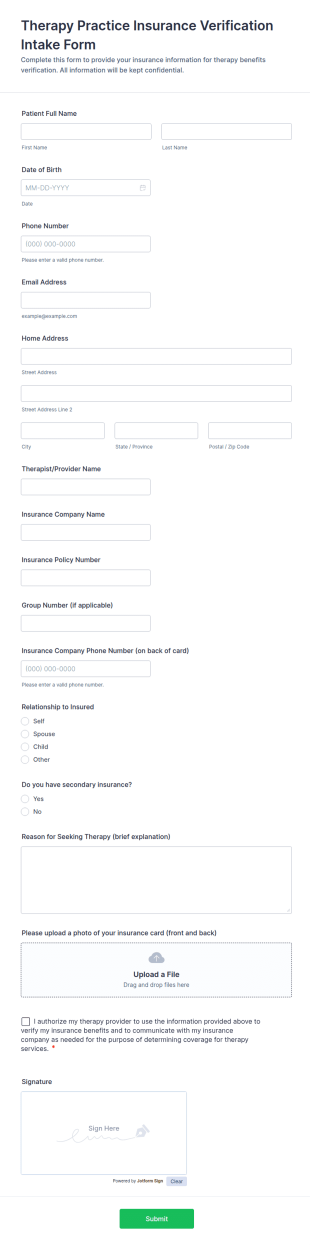 Therapy Practice Insurance Verification Intake Form Template