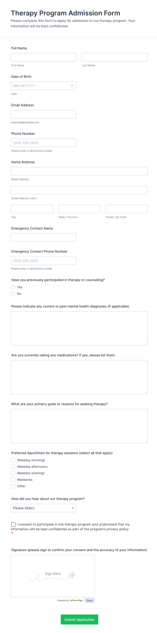 Therapy Program Admission Form Template