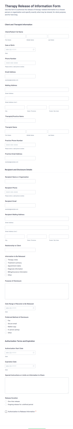 Therapy Release Of Information Form Template