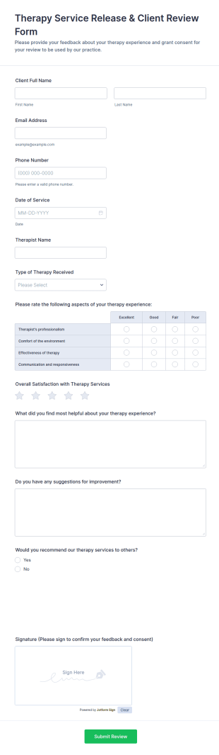 Therapy Service Release & Client Review Form Template