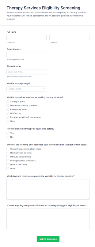 Therapy Services Eligibility Screening Form Template