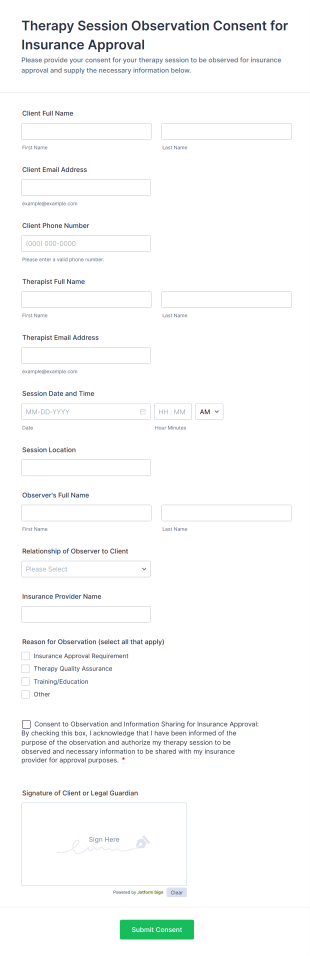 Therapy Session Observation Consent For Insurance Approval Form Template