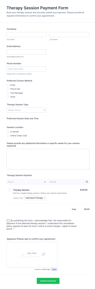 Therapy Session Payment Form Template