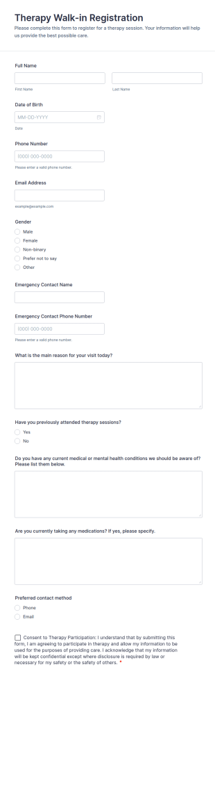 Therapy Walk In Registration Form Template