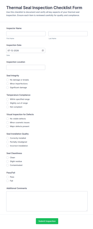 Thermal Seal Inspection Checklist Form Template