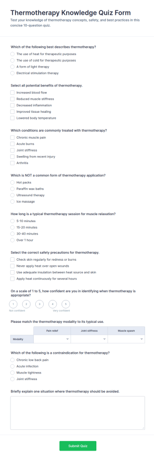 Thermotherapy Knowledge Quiz Form Template