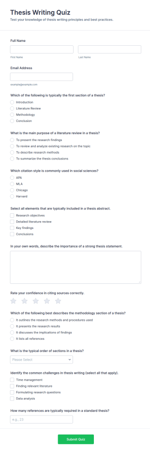 Thesis Writing Quiz Form Template