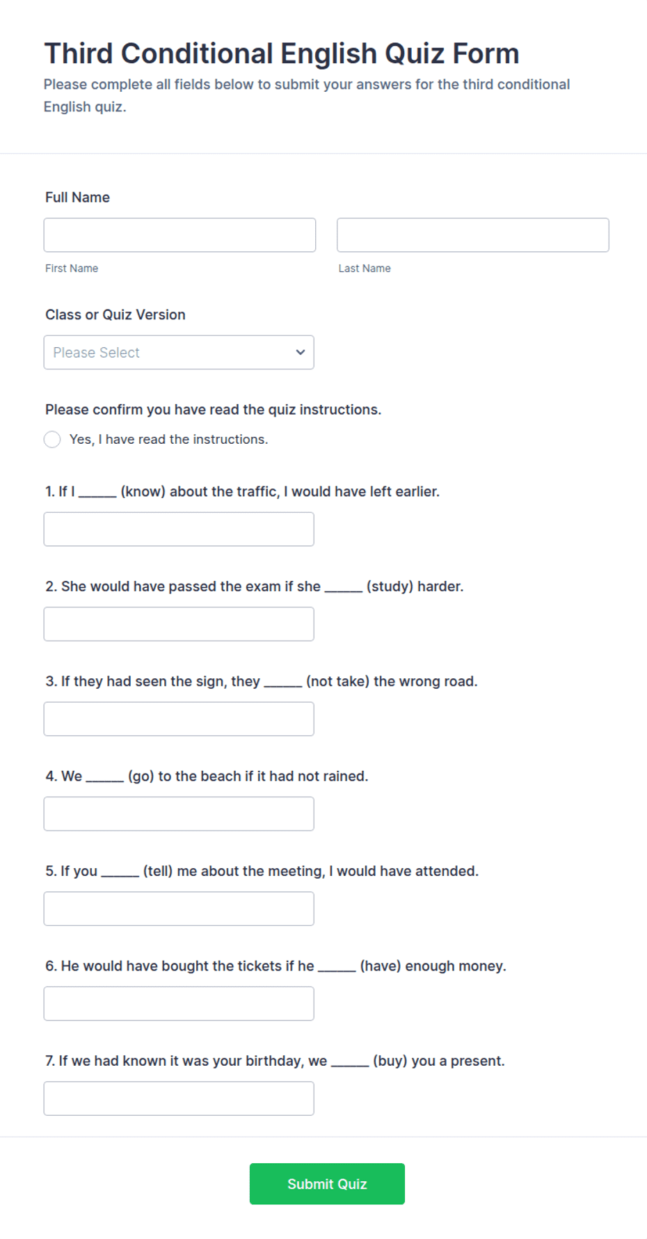 Third Conditional English Quiz Form Template | Jotform