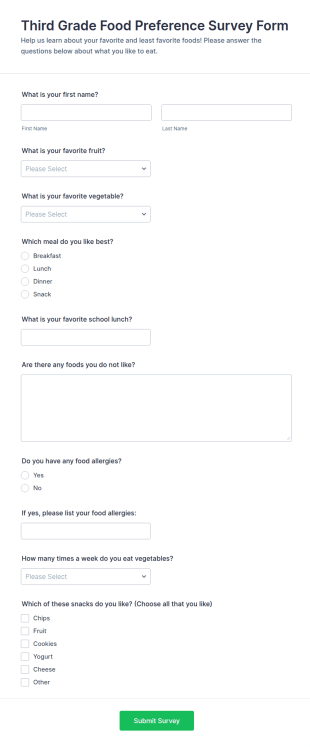Third Grade Food Preference Survey Form Template