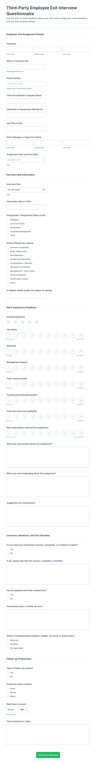 Third Party Employee Exit Interview Questionnaire Form Template