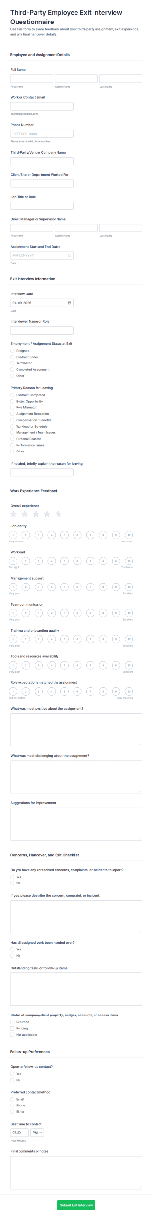 Third Party Employee Exit Interview Questionnaire Form Template