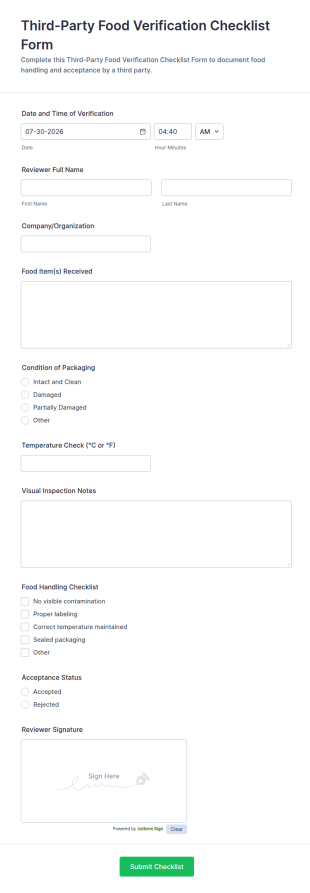 Third Party Food Verification Checklist Form Template