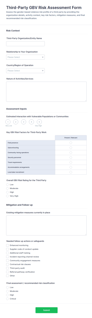 Third Party GBV Risk Assessment Form Template