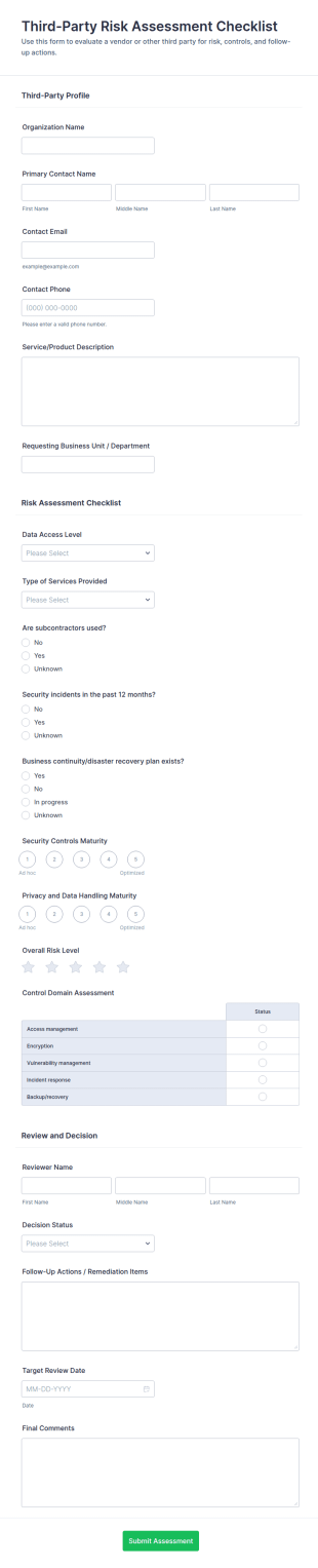 Third Party Risk Assessment Checklist Form Template