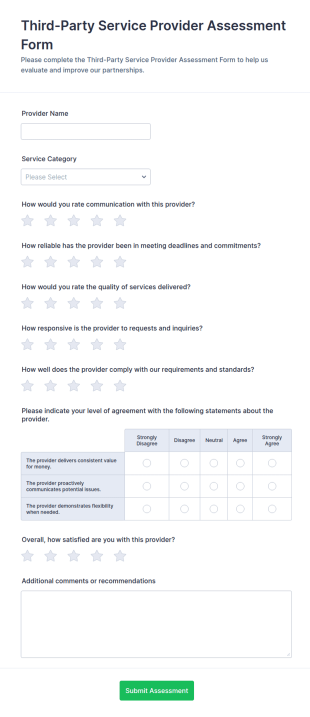 Third Party Service Provider Assessment Form Template