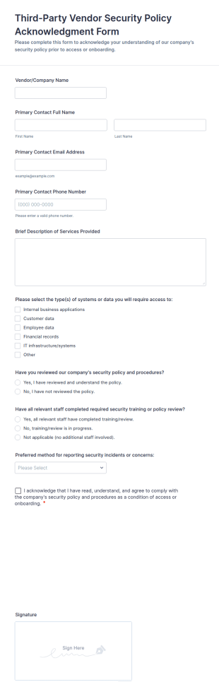 Third Party Vendor Security Policy Acknowledgment Form Template