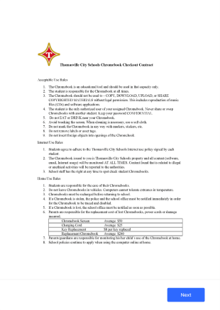 Thomasville City Schools Chromebook Checkout Contract Form Template