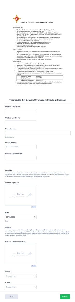 Thomasville City Schools Chromebook Checkout Contract Form Template