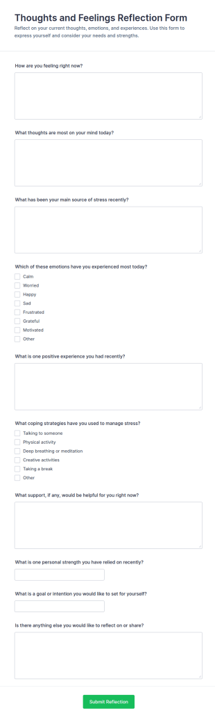 Thoughts And Feelings Reflection Form Template