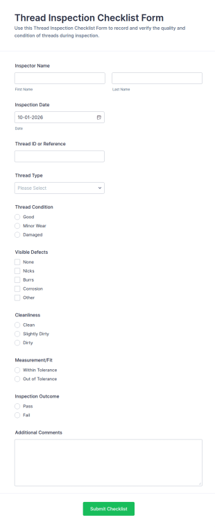 Thread Inspection Checklist Form Template