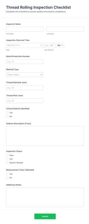 Thread Rolling Inspection Checklist Form Template