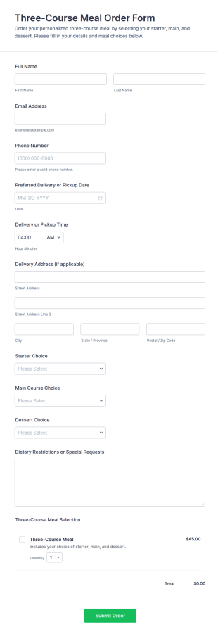 Three Course Meal Order Form Template
