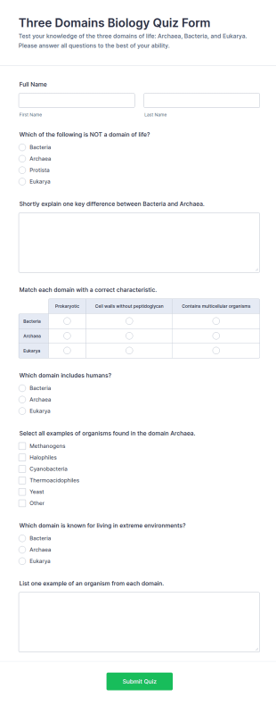 Three Domains Biology Quiz Form Template
