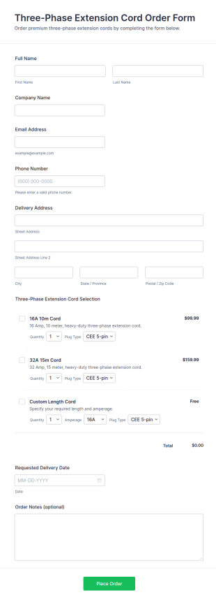 Three Phase Extension Cord Order Form Template