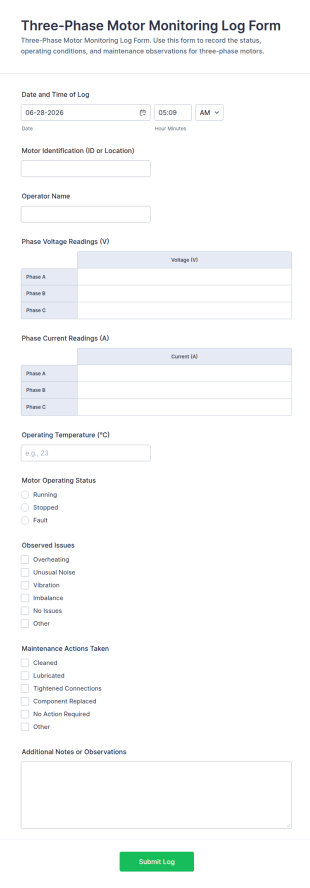 Three Phase Motor Monitoring Log Form Template