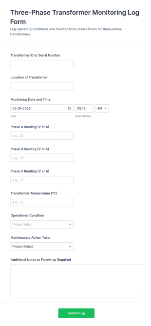Three Phase Transformer Monitoring Log Form Template
