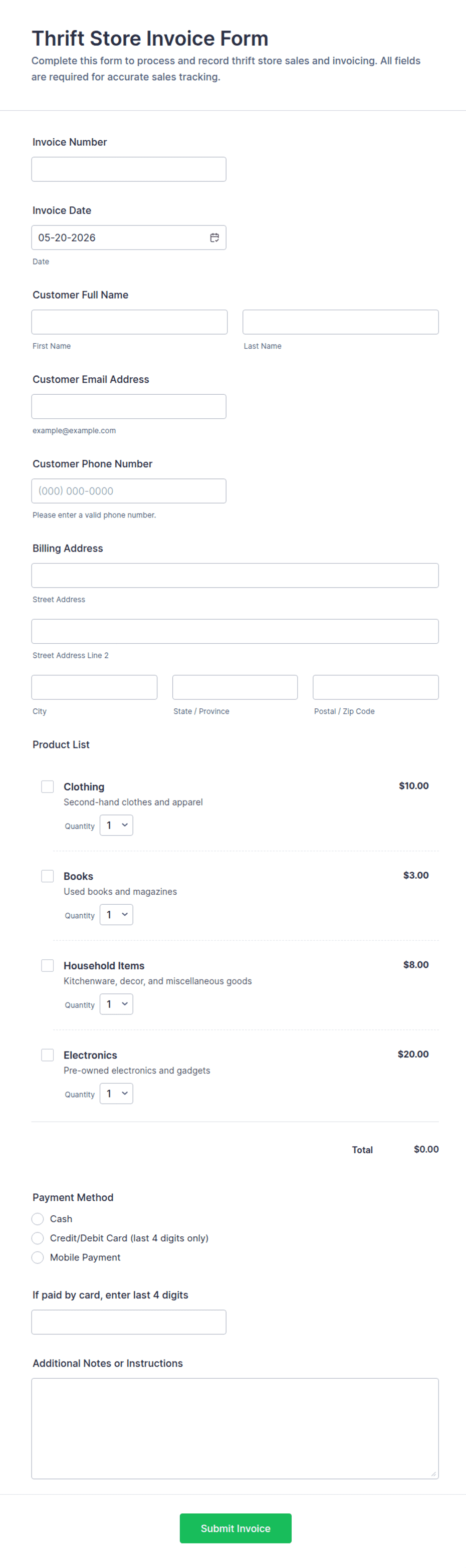 Thrift Store Invoice Form Template | Jotform
