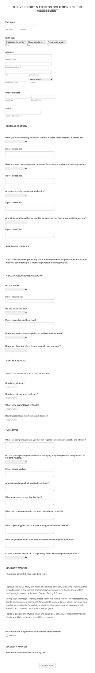 Thrive Sport And Fitness Solutions Client Assessment Form Template