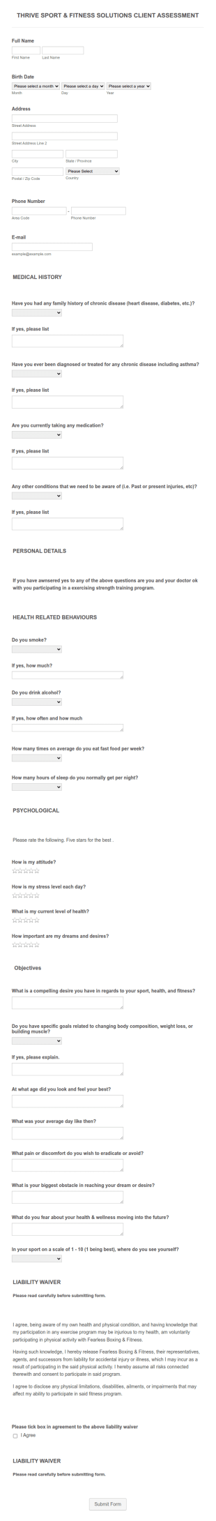 Thrive Sport And Fitness Solutions Client Assessment Form Template