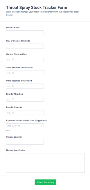 Throat Spray Stock Tracker Form Template