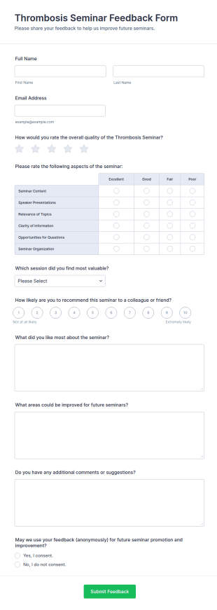 Thrombosis Seminar Feedback Form Template