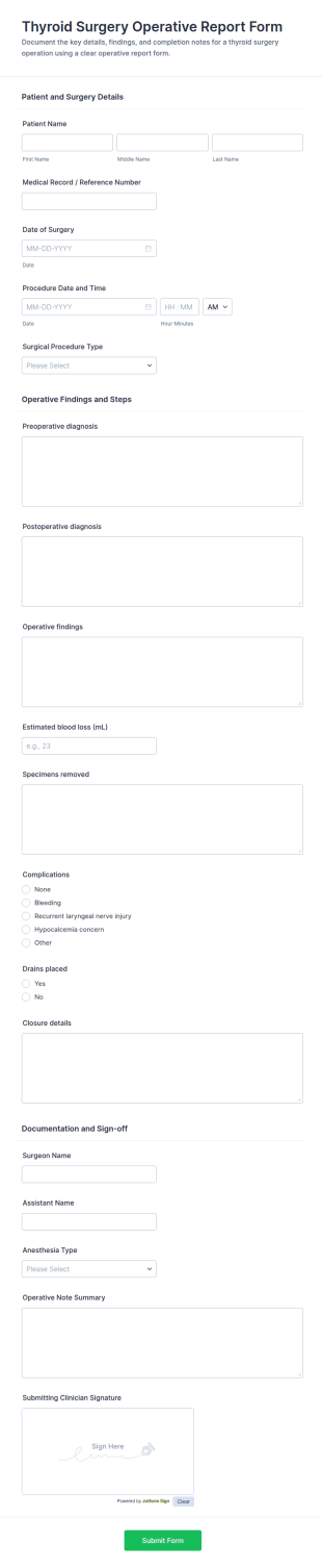 Thyroid Surgery Operative Report Form Template