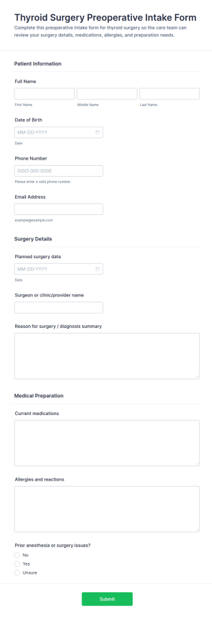 Thyroid Surgery Preoperative Intake Form Template