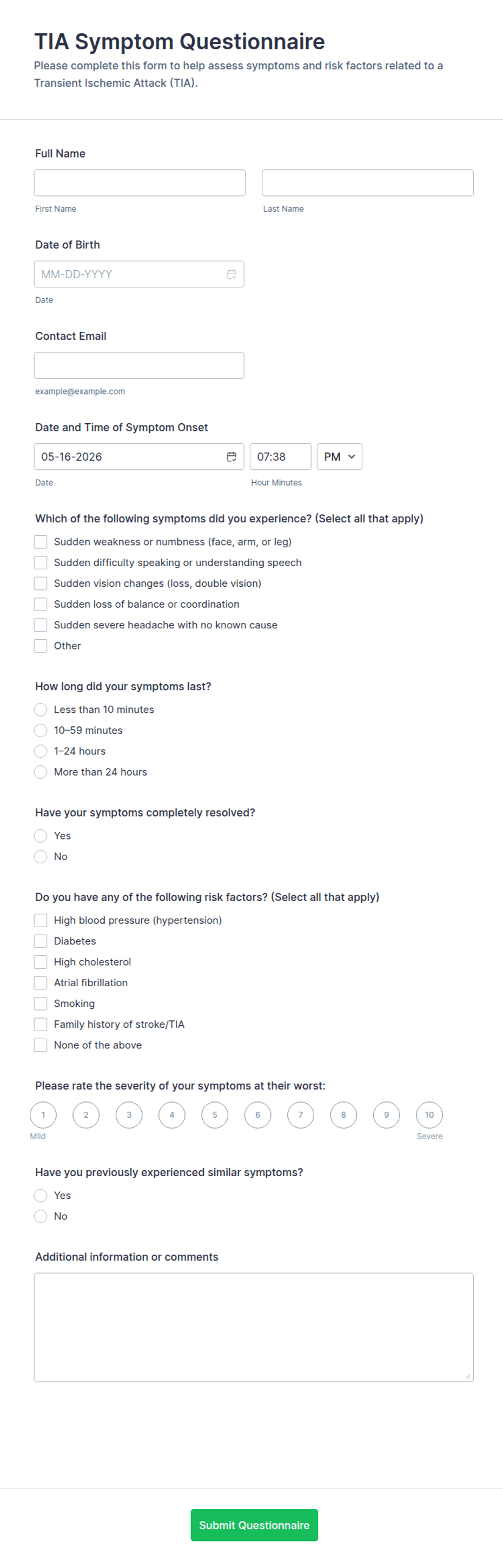 TIA Symptom Questionnaire Form Template | Jotform