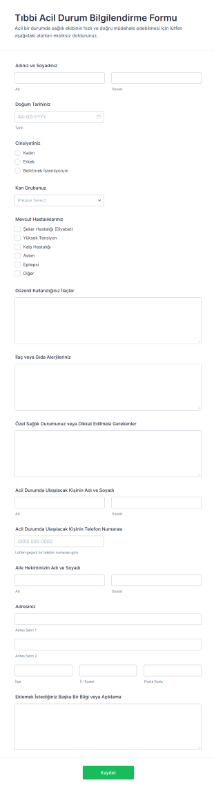 Tıbbi Acil Durum Bilgilendirme Form Şablonu