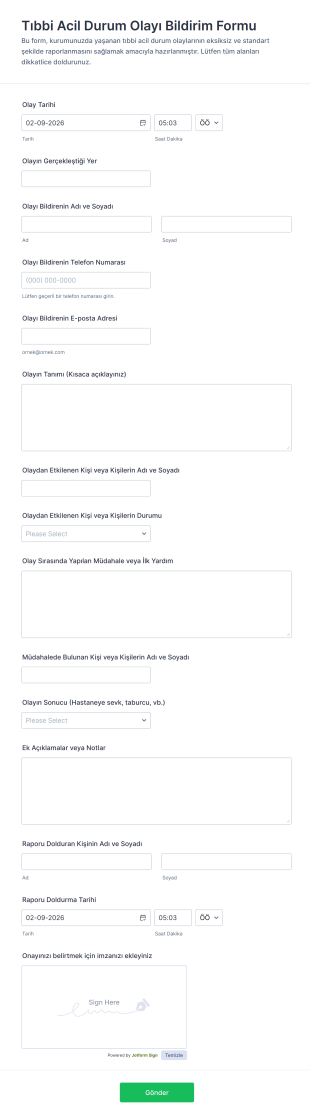 Tıbbi Acil Durum Olayı Bildirim Form Şablonu